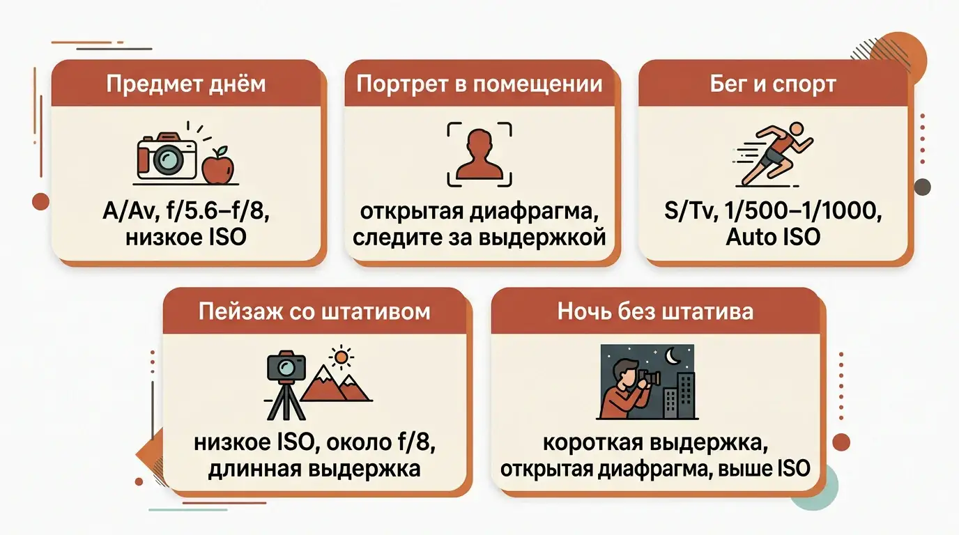 Пять карточек стартовых настроек: предмет днём, портрет в помещении, бег и спорт, пейзаж со штативом, ночь без штатива
