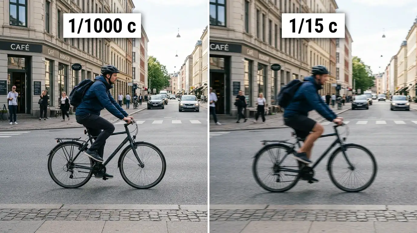 Одна улица снята дважды: на 1/1000 секунды велосипедист резкий, на 1/15 секунды он размыт