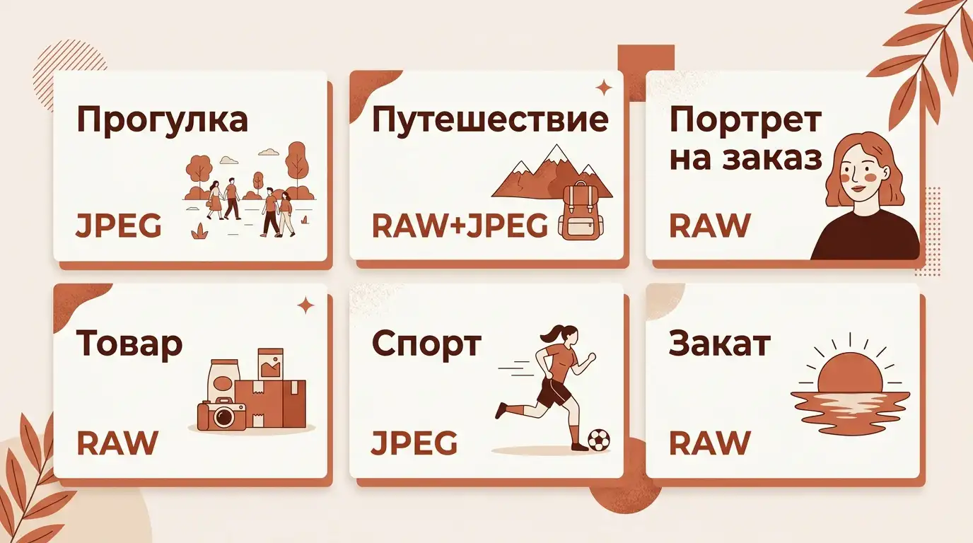 Шесть ситуаций: прогулка и спорт в JPEG, путешествие в RAW+JPEG, портрет, товар и закат в RAW